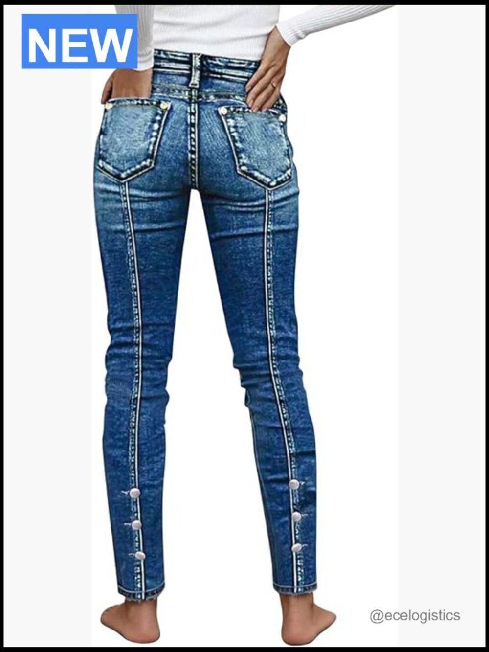 Mid Waist Skinny Jeans Butt Lifting Button Side Stitch Detail Trendy Denim